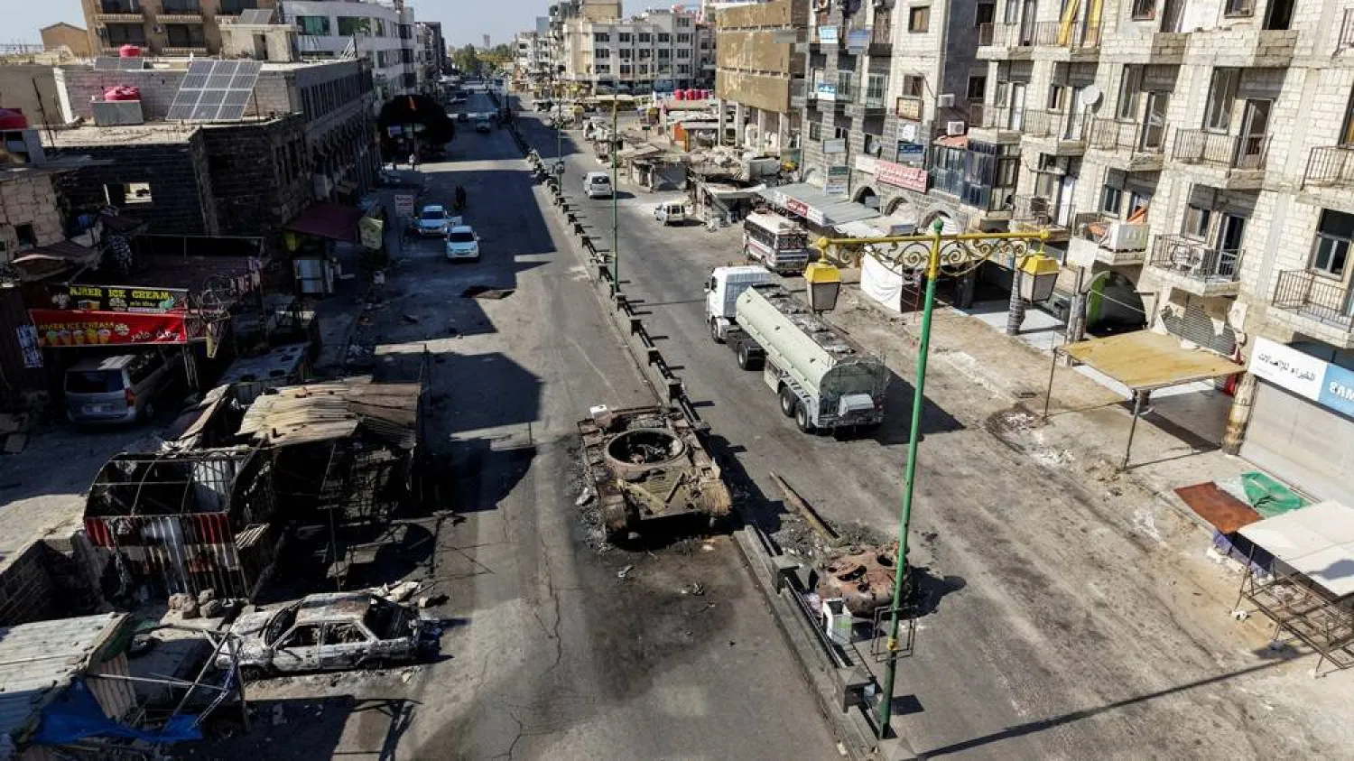  A drone view shows the remains of a destroyed tank, following deadly clashes between Druze fighters, Bedouin tribes and government forces, in Syria's predominantly Druze city of Sweida, Syria July 25, 2025. (Reuters)