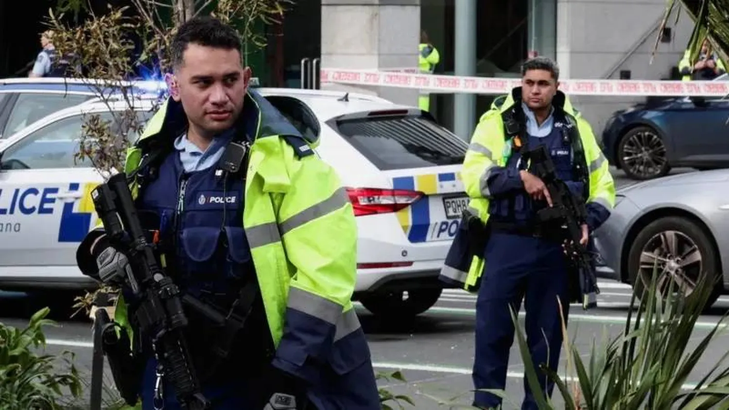 Armed police stand guard in Auckland, New Zealand July 20, 2023. (Reuters)
