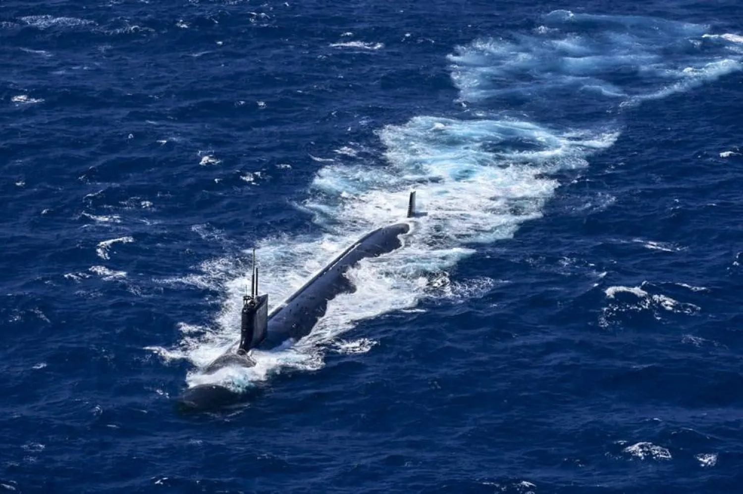 This handout photo released by the Colombian National Navy shows a view of a US nuclear submarine during military exercises 70 nautical miles (130 kilometers) off Cartagena, Colombia, on February 28, 2022. (Colombian National Navy / AFP)