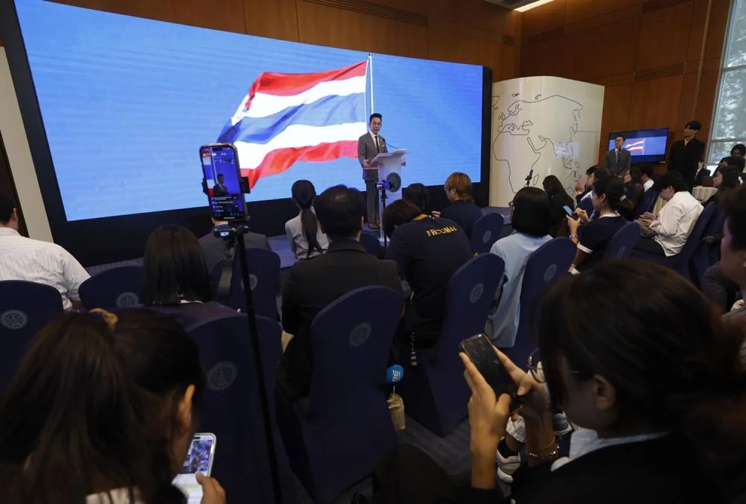 Thai spokesperson for the Ministry of Foreign Affairs, Nikorndej Plangkura (C), speaks to the media during a press conference following a briefing on the situation along the Thailand - Cambodian border at the Ministry of Foreign Affairs in Bangkok, Thailand, 04 August 2025. (EPA)