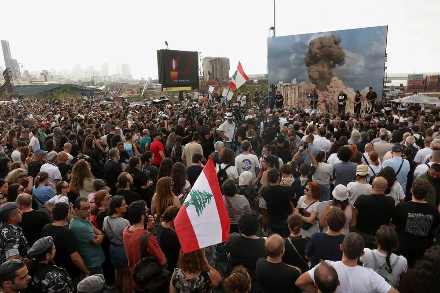  A relative of the Beirut port explosion casualty speaks during a gathering as Lebanon marks the fifth anniversary of the blast, Lebanon August 4, 2025. (Reuters)