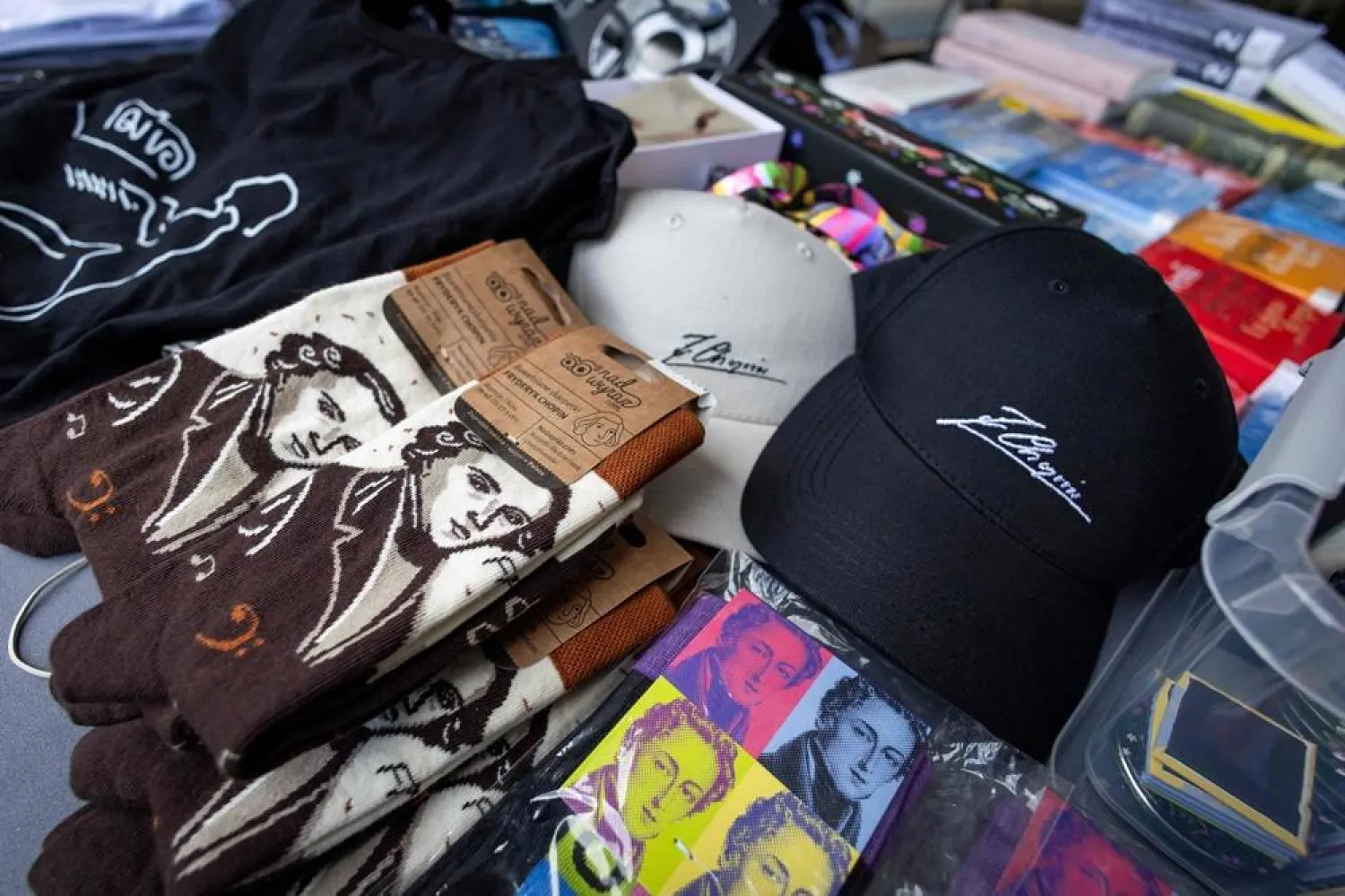 The souvenirs with Chopin motives are displayed on a stall on the second day of the 80th Duszniki International Chopin Piano Festival in Duszniki-Zdroj, southwestern Poland, August 2, 2025. (AFP) 