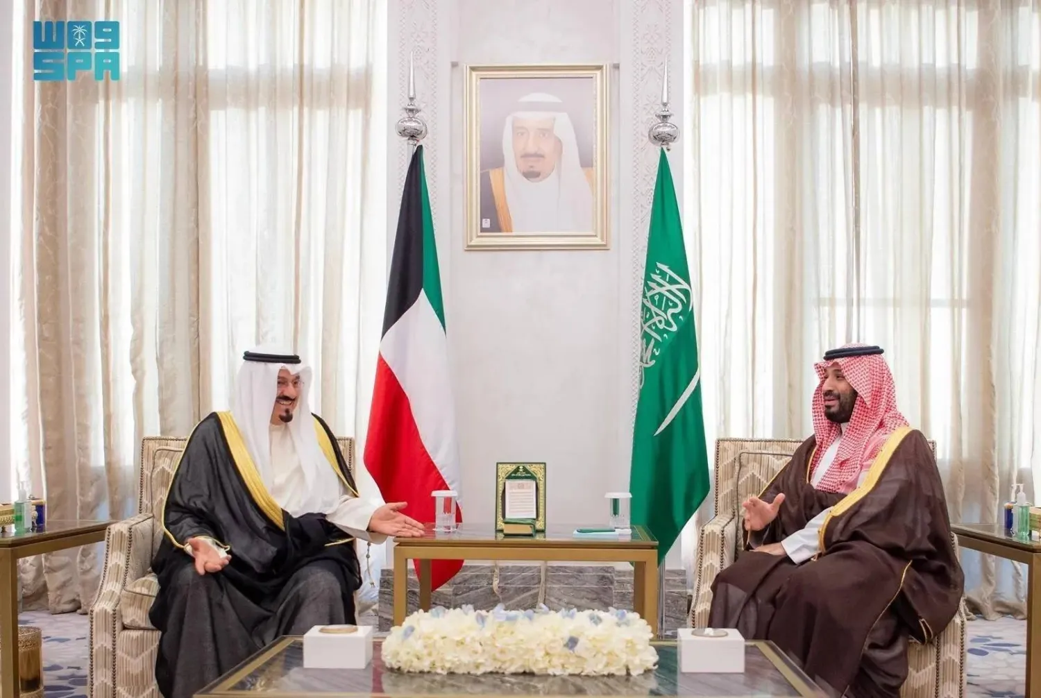 Prince Mohammed bin Salman bin Abdulaziz Al Saud, Saudi Crown Prince and Prime Minister, and Kuwaiti Prime Minister Sheikh Ahmad Abdullah Al-Ahmad Al-Sabah meet at NEOM Palace on Monday. 