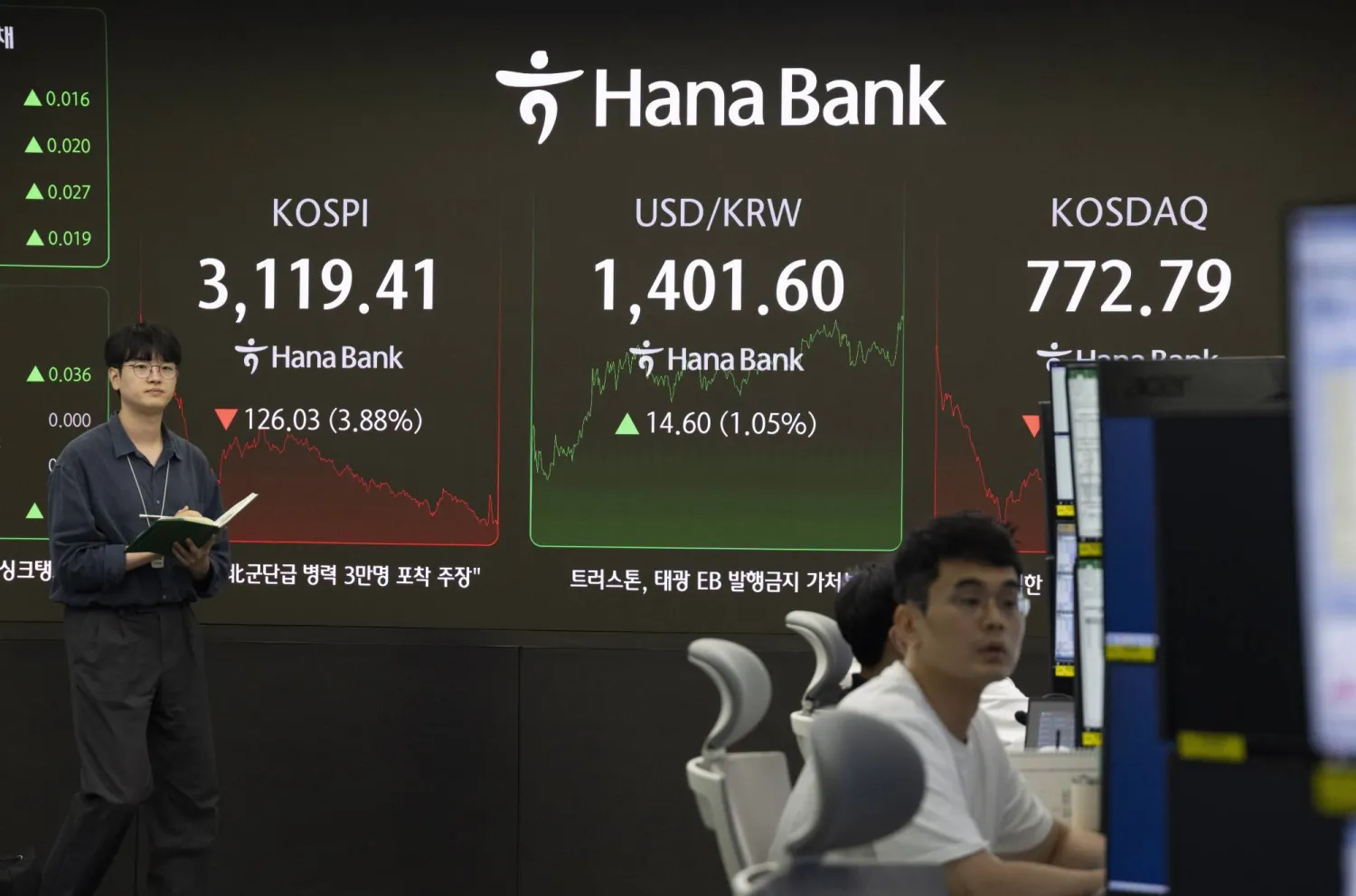 متداولون يعملون أمام شاشات المراقبة في بنك «هانا» بسيول (إ.ب.أ)