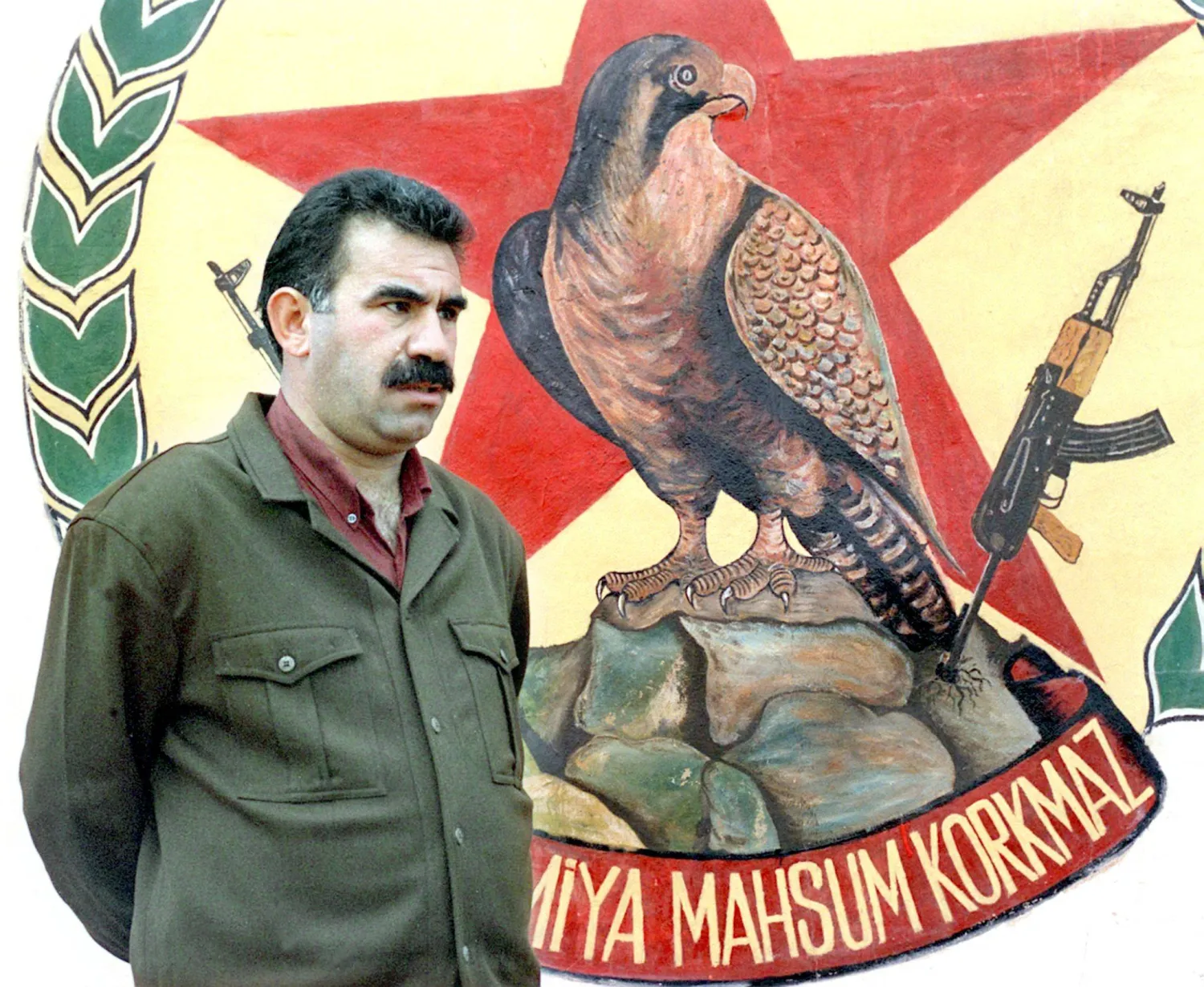 (FILES) - Picture dated 1992 shows Abdullah Ocalan, leader of Türkiye's outlawed separatist movement, the Kurdish Workers's Party (PKK), in a training camp in the village of Helweh in Lebanon's Bekaa valley and only two kilometers far from the Syrian borders. (Photo by RAMZI HAIDAR / AFP)
