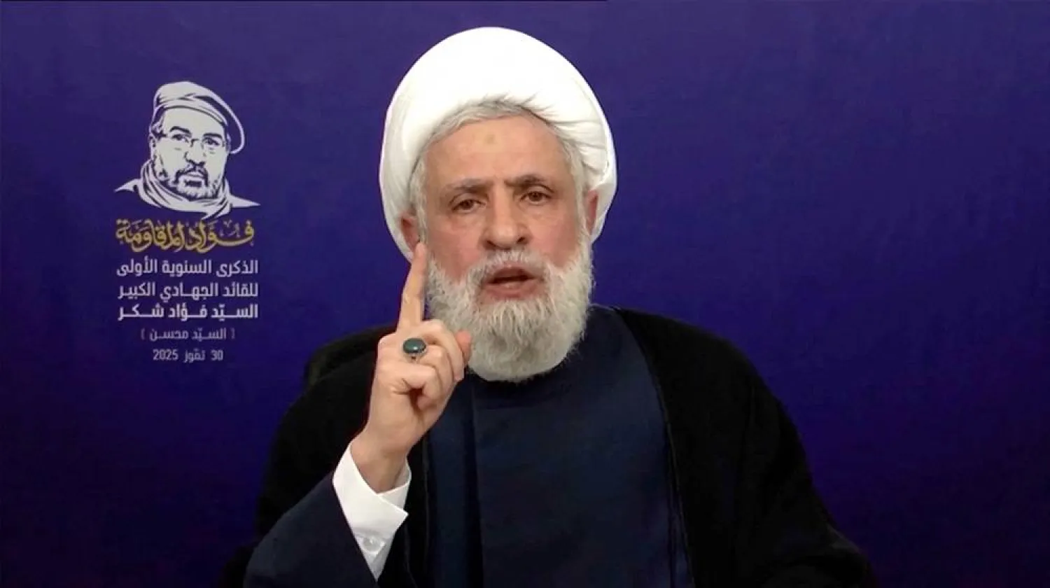  Hezbollah chief Sheikh Naim Qassem gives a televised speech from an unknown location, July 30, 2025 in this screen grab from video. (Al Manar TV/Reuters TV/via Reuters)