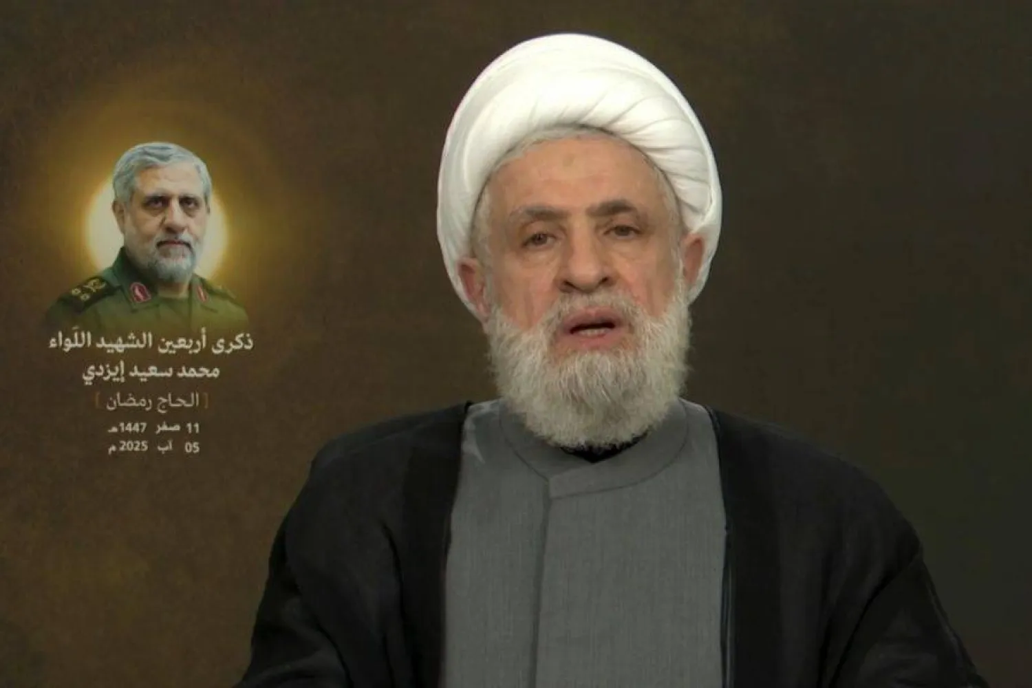 أمين عام «حزب الله» نعيم قاسم يتحدث عبر الشاشة في احتفال تأبيني لقيادي إيراني (المركزية)