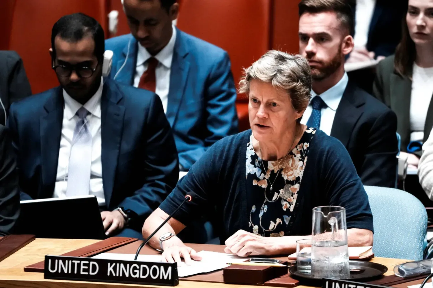 Birleşmiş Milletler Büyükelçisi Barbara Woodward, 5 Ağustos 2025 tarihinde ABD'nin New York kentindeki Birleşmiş Milletler Genel Merkezi'nde düzenlenen Güvenlik Konseyi toplantısında delegelere hitap ediyor (Reuters)