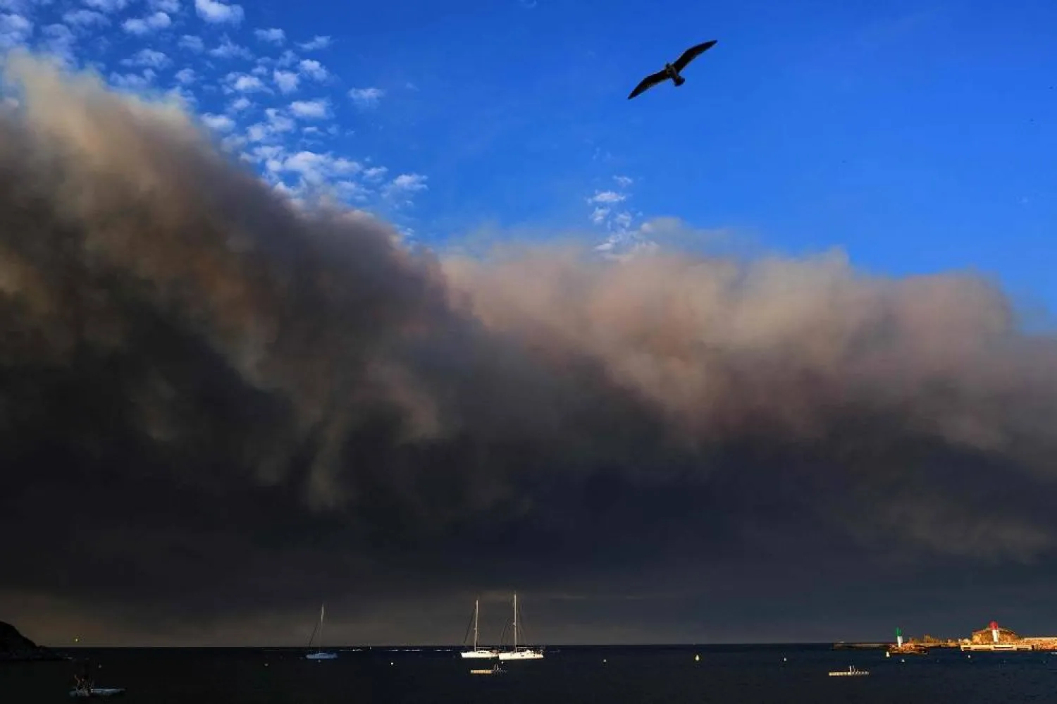 Smoke from wildfires raging in the Aude department is seen from the Mediterranean coast in Banyuls-sur-Mer, southwestern France, on August 5, 2025. (AFP)