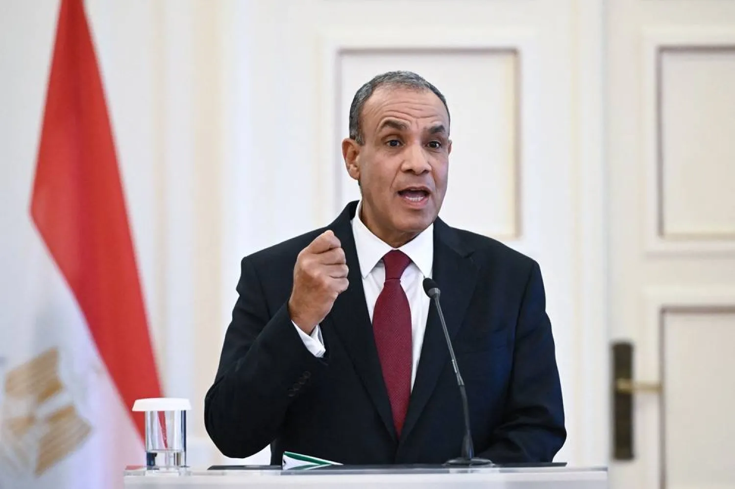  Egypt's Foreign Minister Badr Abdelatty addresses the audience during a press statement with Greece's Foreign Minister following their meeting in Athens on August 6, 2025. (AFP)