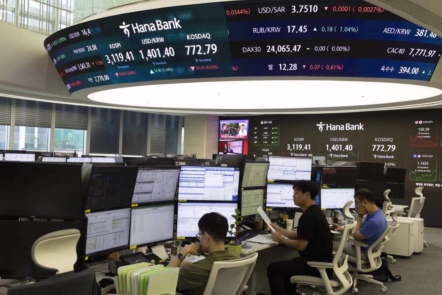 متداولون يعملون أمام شاشات المراقبة في بنك «هانا» بسيول (إ.ب.أ)