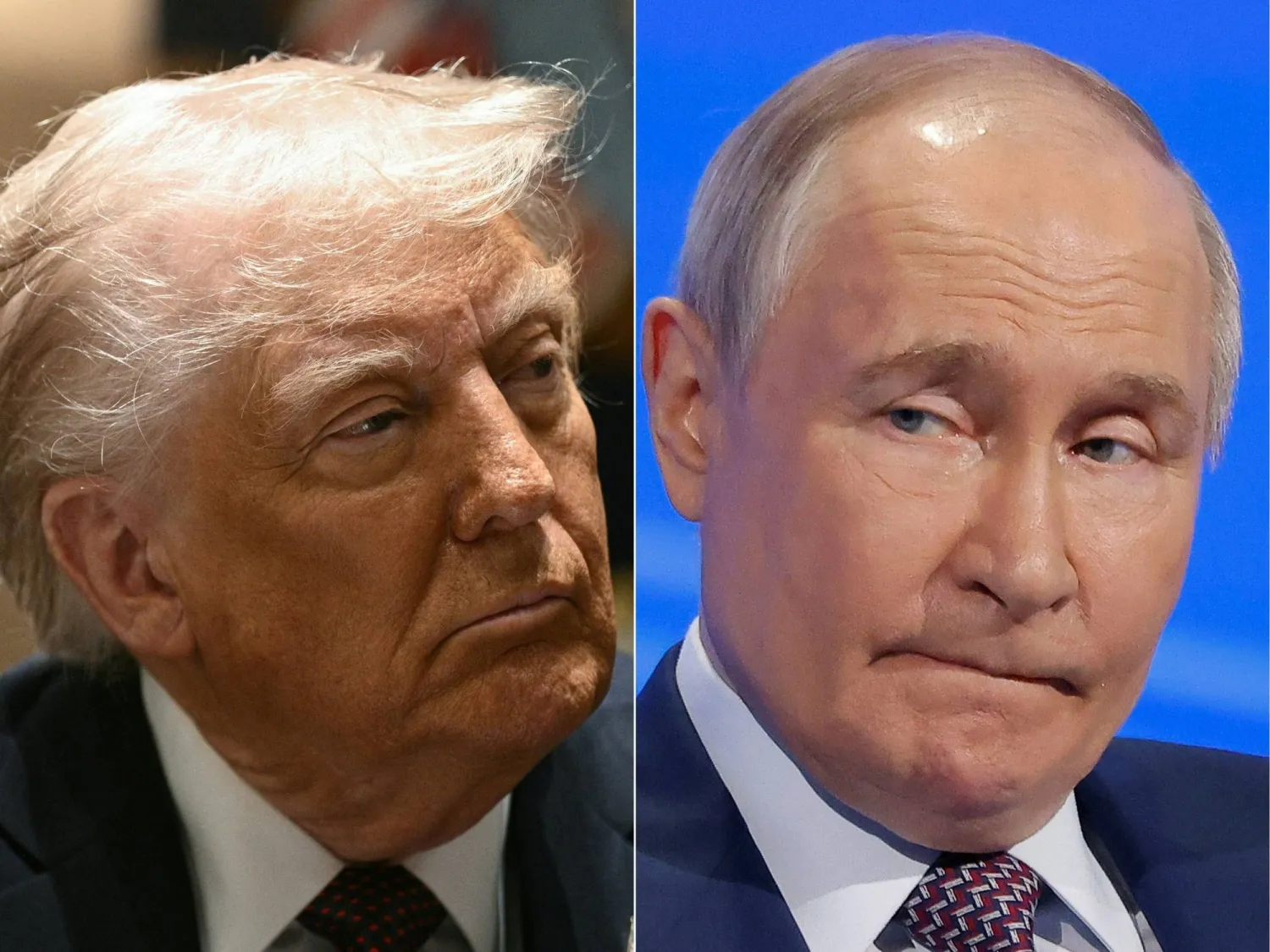 (FILES) (COMBO) This combination of pictures created on March 30, 2025 shows US President Donald Trump at the White House on March 24, 2025, in Washington, DC and Russian President Vladimir Putin in Moscow on March 18, 2025. (Photo by Brendan SMIALOWSKI and Maxim Shemetov / AFP)