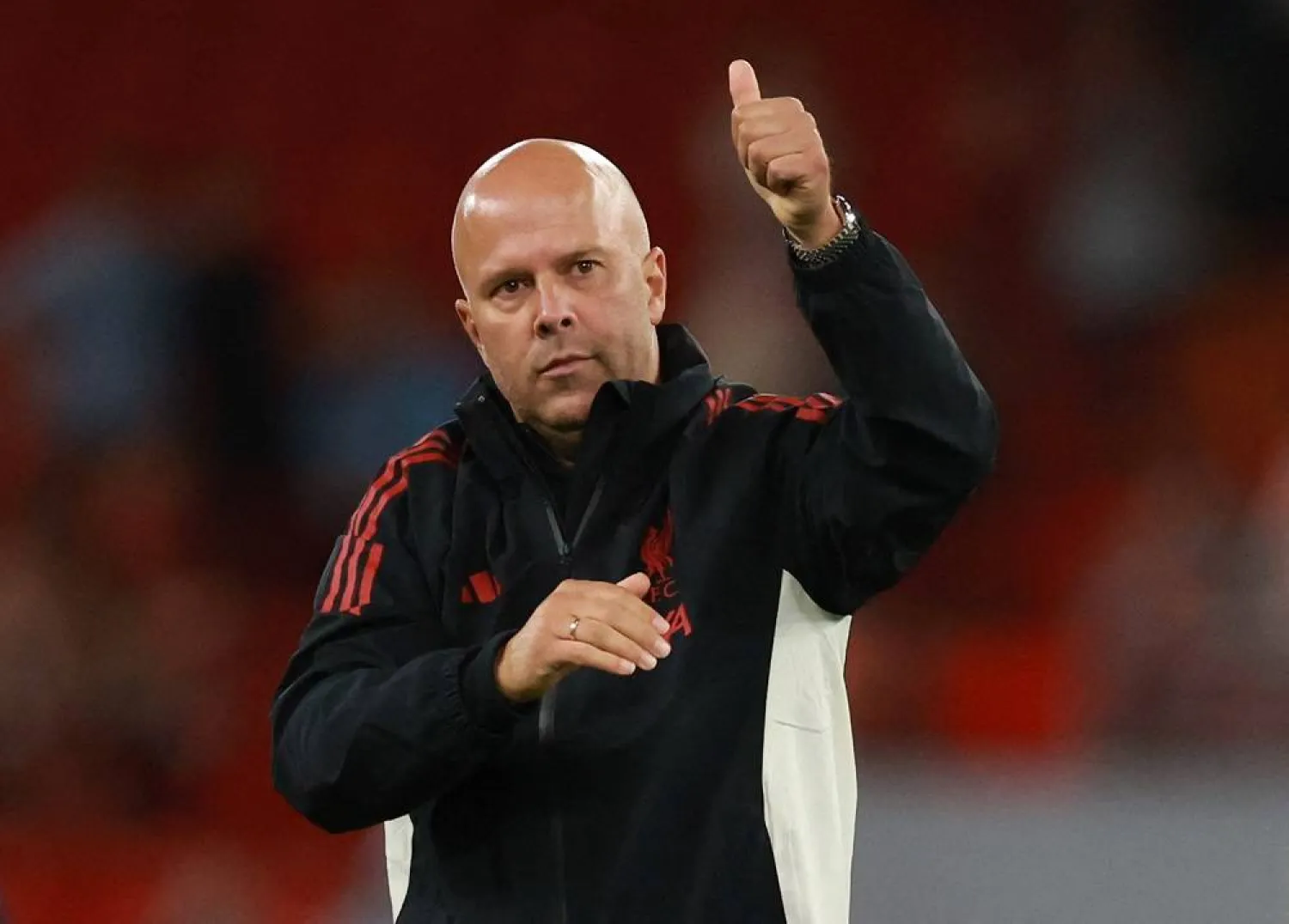 Soccer Football - Friendly - Liverpool v Athletic Bilbao - Anfield, Liverpool, Britain - August 4, 2025 Liverpool manager Arne Slot acknowledges fans after the match. (Reuters)