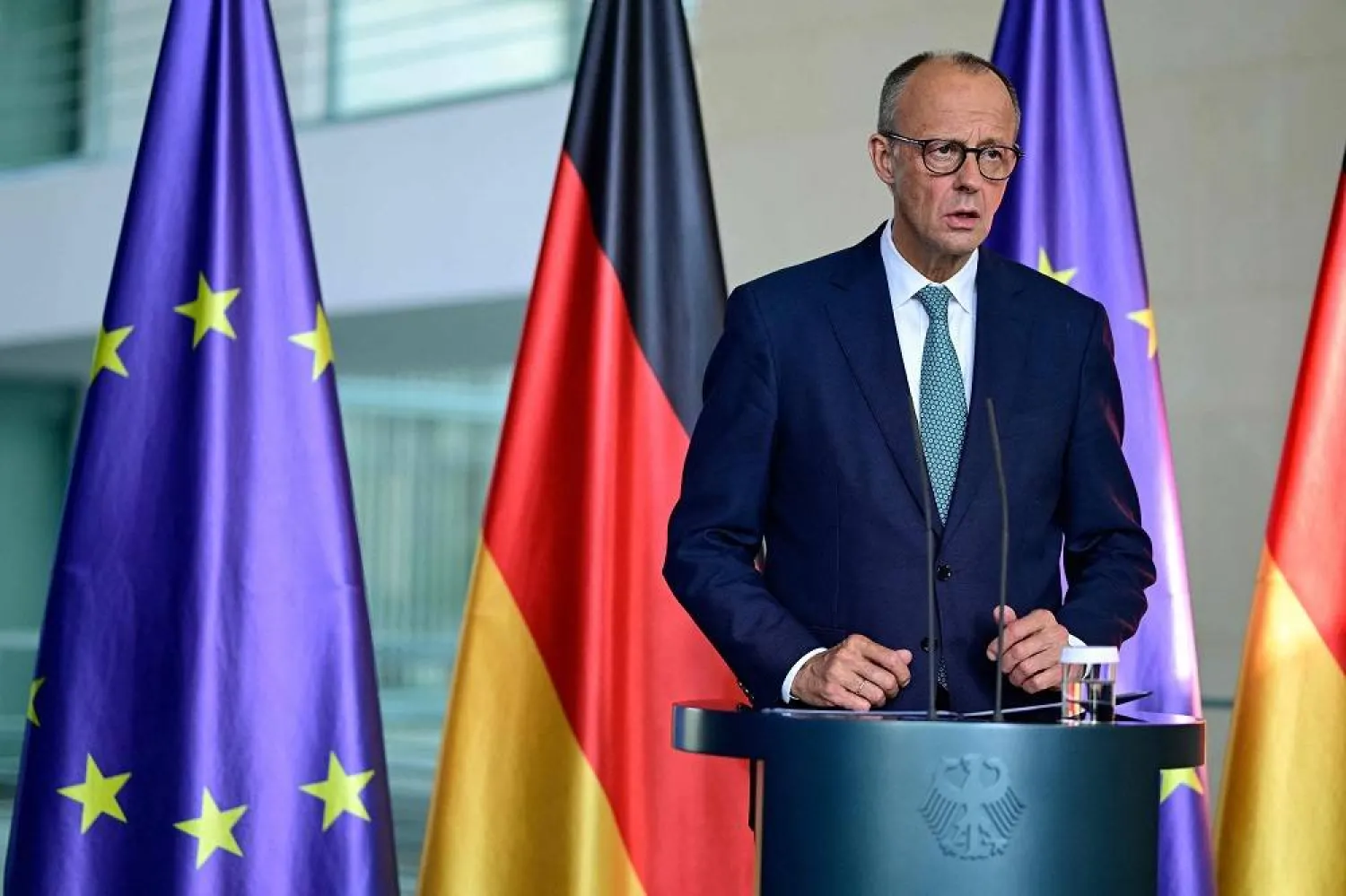German Chancellor Friedrich Merz makes a statement to journalists following a meeting of the security Cabinet of the German government at the Chancellery in Berlin on July 28, 2025. (AFP)