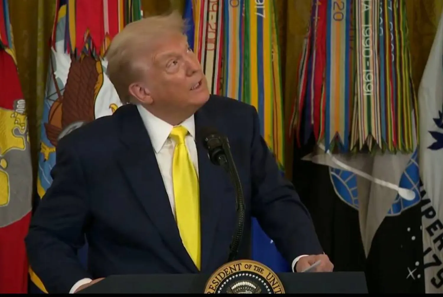 الرئيس الأميركي دونالد ترمب يعاين السماء خلال سؤاله ساخراً "أين سليماني الآن؟" (إكس)