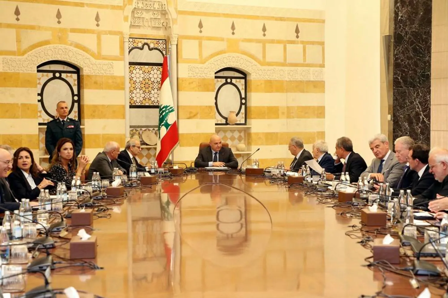 A photo released by the Lebanese presidency press office on August 7, 2025 shows Lebanon's President Joseph Aoun heading a government meeting at the presidential palace of Baabda. (Lebanese Presidency / AFP)