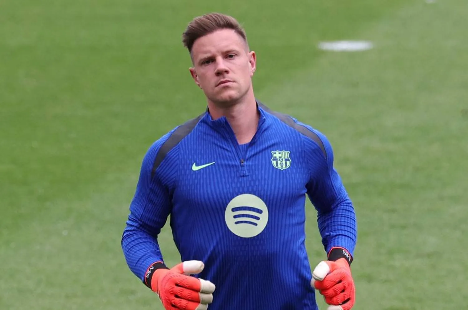 Barcelona's German goalkeeper #01 Marc-Andre ter Stegen takes part in a training session on the eve of the UEFA Champions League football match between AS Monaco and FC Barcelona at the Joan Gamper training ground in Sant Joan Despi, near Barcelona, on September 18, 2024. (AFP)
