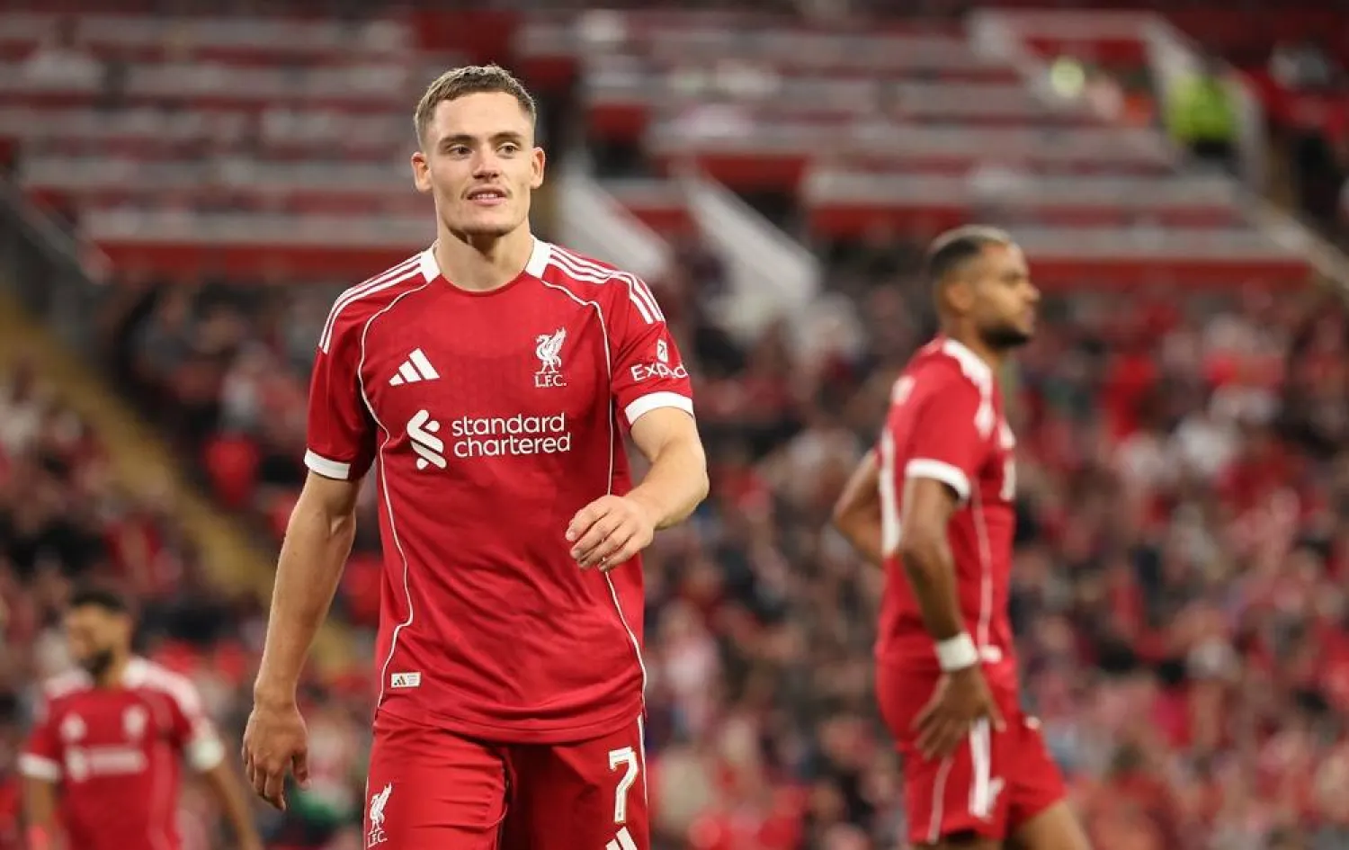Florian Wirtz of Liverpool looks on during a pre-season friendly soccer match between Liverpool FC and Athletic Club in Liverpool, Britain, 04 August 2025. (EPA)