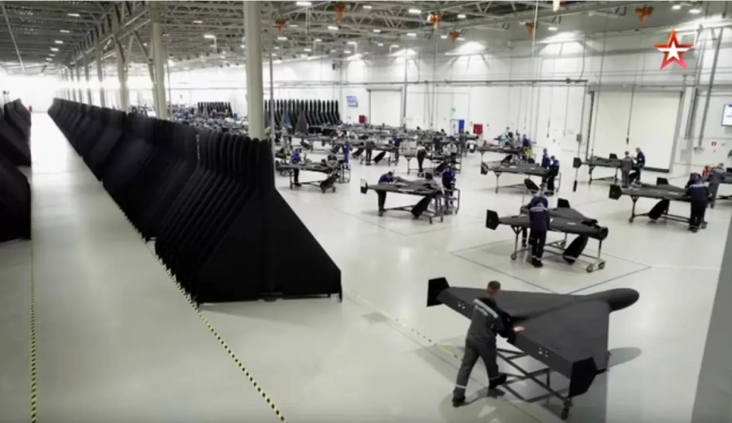 CNN counted more than 170 drones as a Russian Ministry of Defense documentary showcased production inside the Alabuga drone factory. (TV Zvezda)
