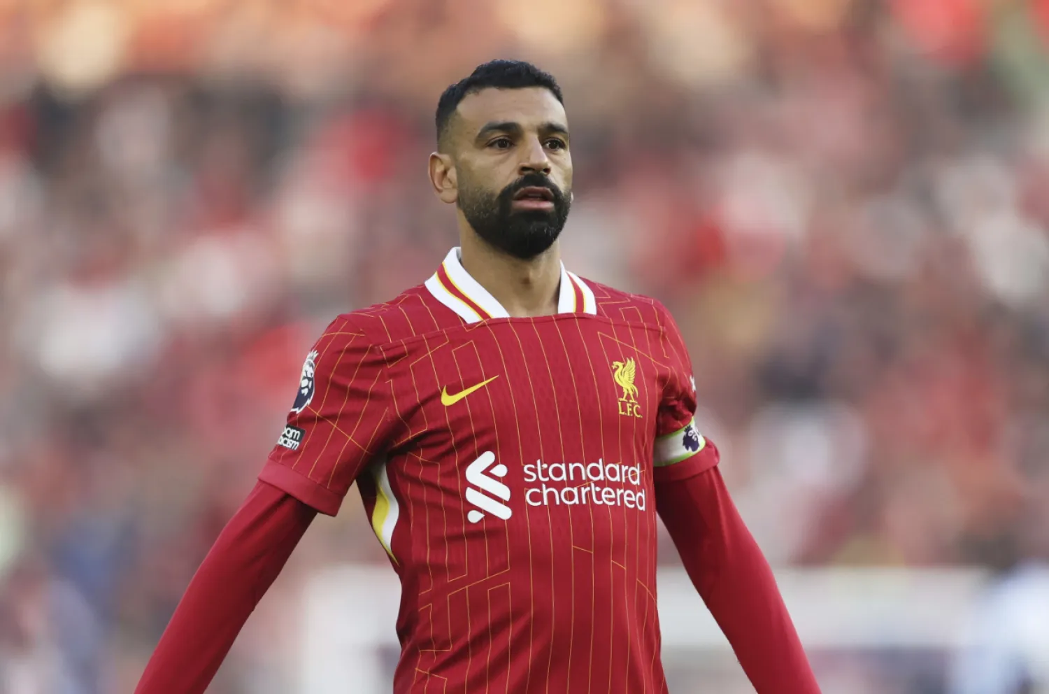 Liverpool's Mohamed Salah during the English Premier League soccer match between Brighton and Liverpool at American Express Stadium in Brighton, England, Monday, May 19, 2025. (AP Photo/lan Walton, File)