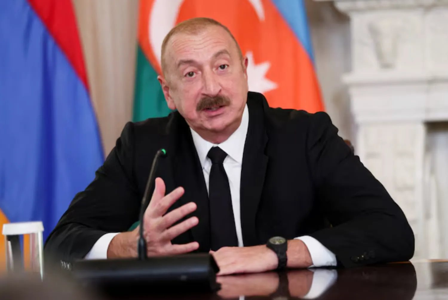 Azerbaijan's President Ilham Aliyev speaks during a signing event with US President Donald Trump and Armenia's Prime Minister Nikol Pashinyan (not pictured), at the White House, in Washington, D.C., August 8, 2025. REUTERS/Kevin Lamarque/File Photo 