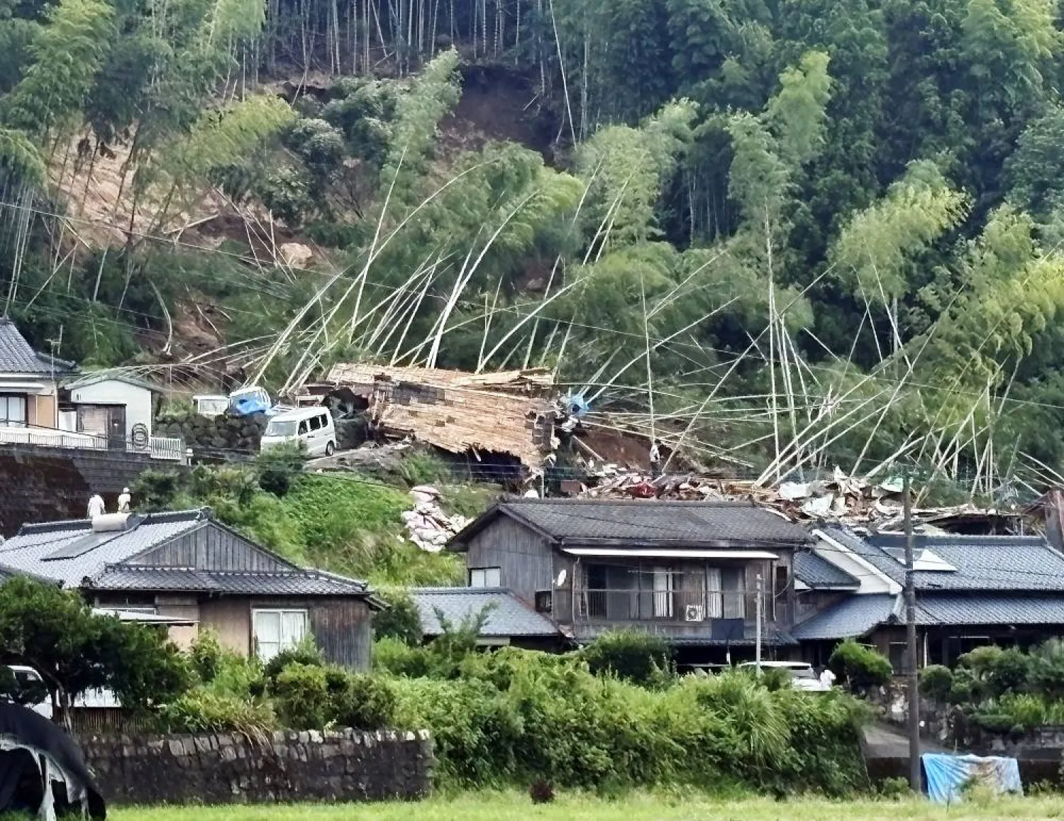 A house is seen destroyed by a landslide in Aira, Kagoshima Prefecture, southwestern Japan, 10 August 2025 (issued 11 August 2025). (EPA/Jiji Press) 