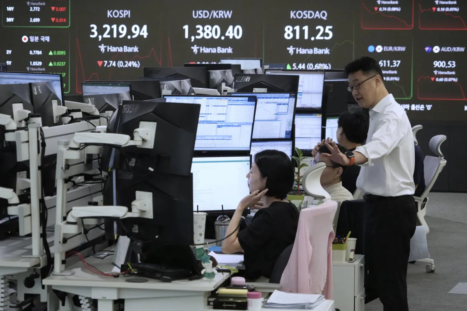 متداولو العملات أمام شاشة تظهر مؤشر «كوسبي» وسعر صرف الدولار مقابل الوون في بنك هانا بسيول (أ ب)