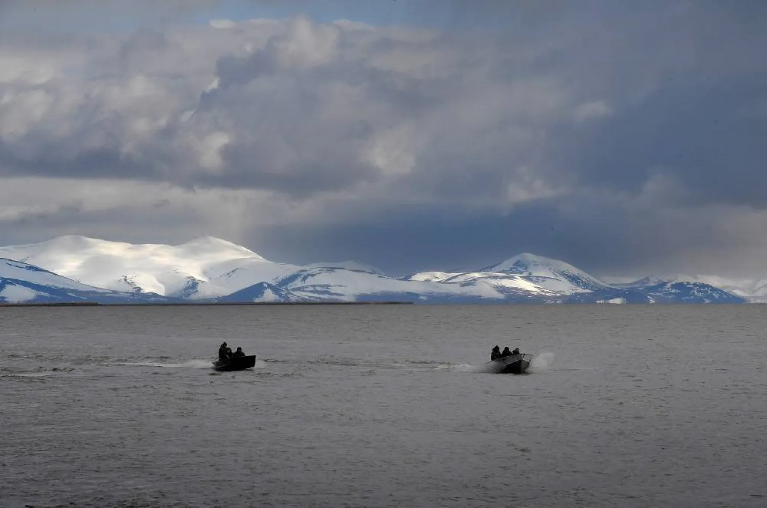 Hunters return from a trip searching for geese and ducks near the town of Quinhagak on the Yukon Delta in Alaska on April 12, 2019. (AFP)