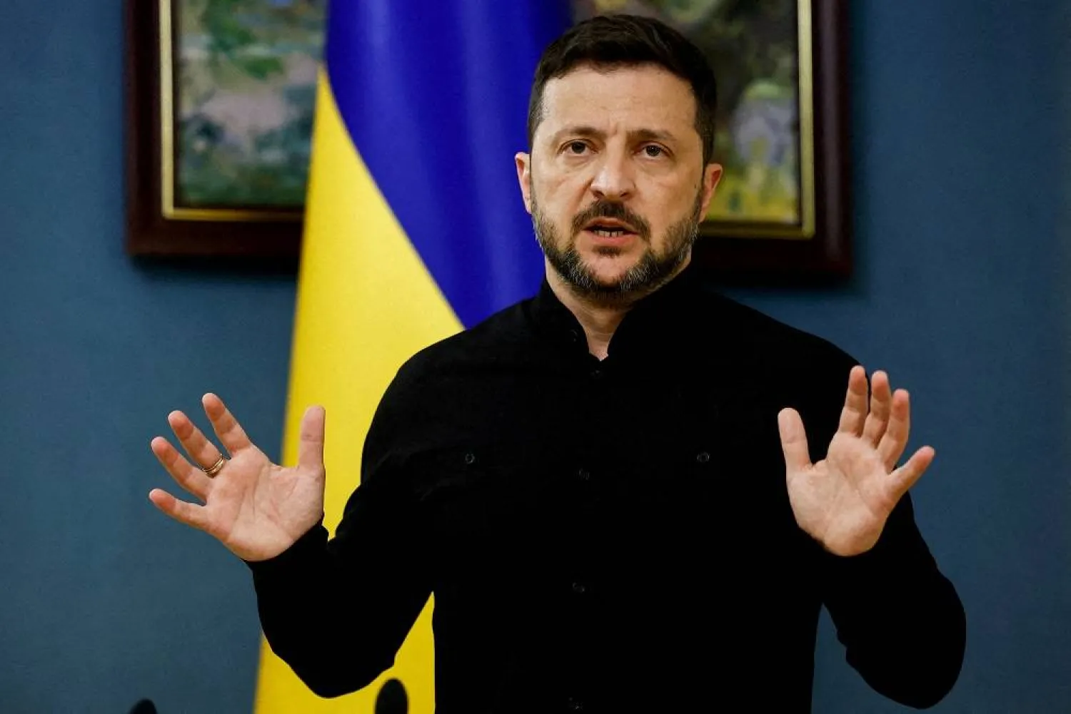 Ukraine's President Volodymyr Zelenskiy speaks during a press briefing following phone calls with US President Donald Trump, amid Russia’s attack on Ukraine, in Kyiv, Ukraine, May 19, 2025. (Reuters) 