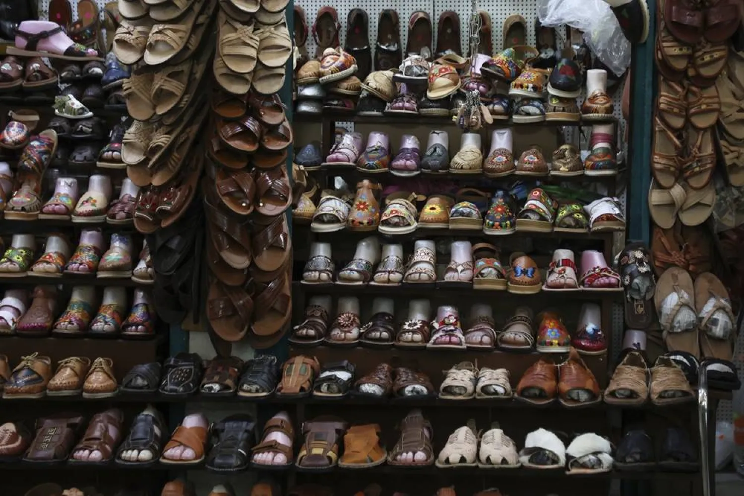 Sandals known as "huaraches" are displayed for sale at a market in Oaxaca, Mexico, Friday, Aug. 8, 2025. (AP) 