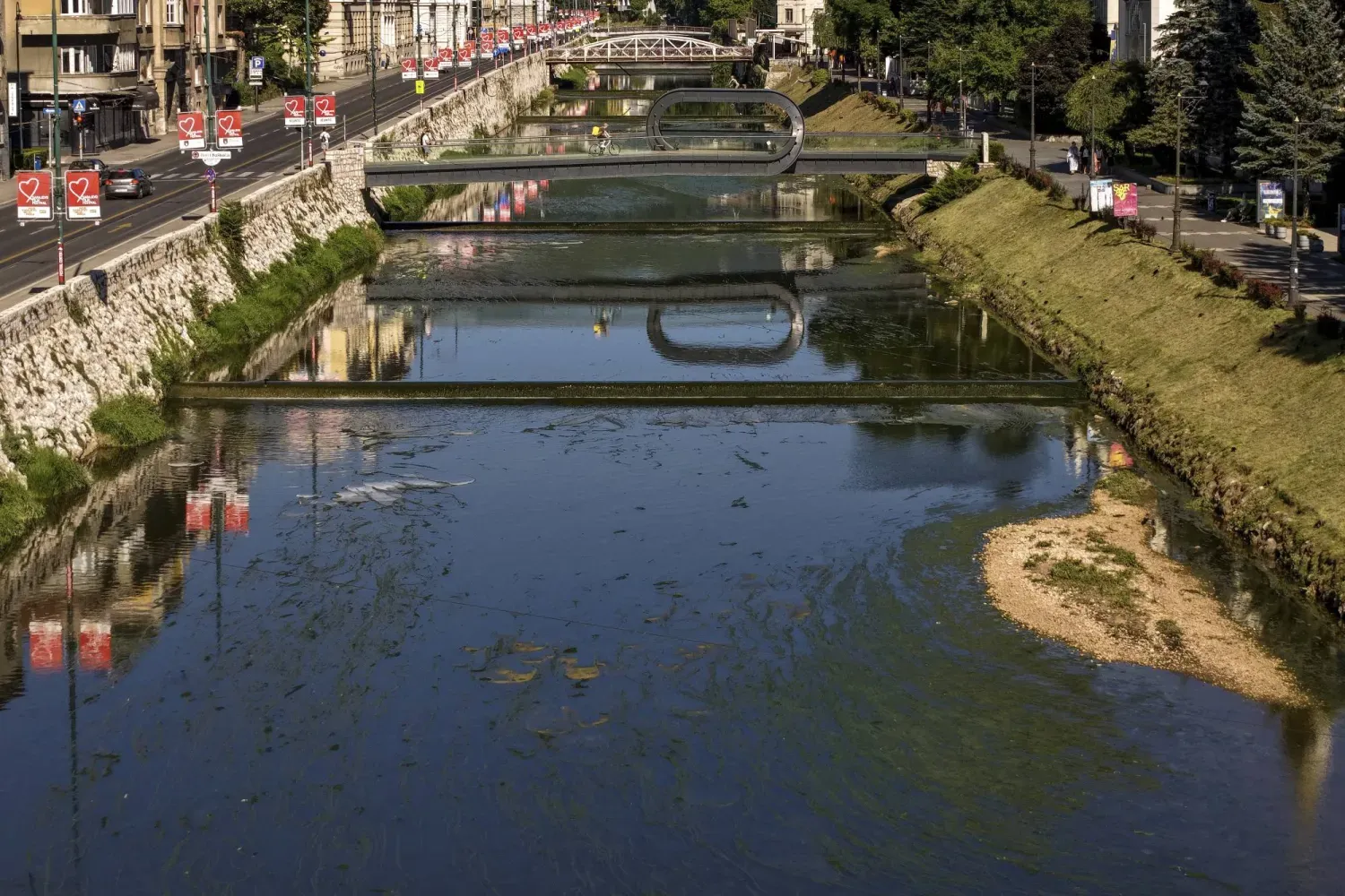 Bosna Hersek'in başkenti Saraybosna'da yaşanan sıcak hava dalgası ve kuraklık ortasında yarı kuru Miljacka Nehri'nin ve nehrin içinden görünen yosunların havadan görünümü (AP)