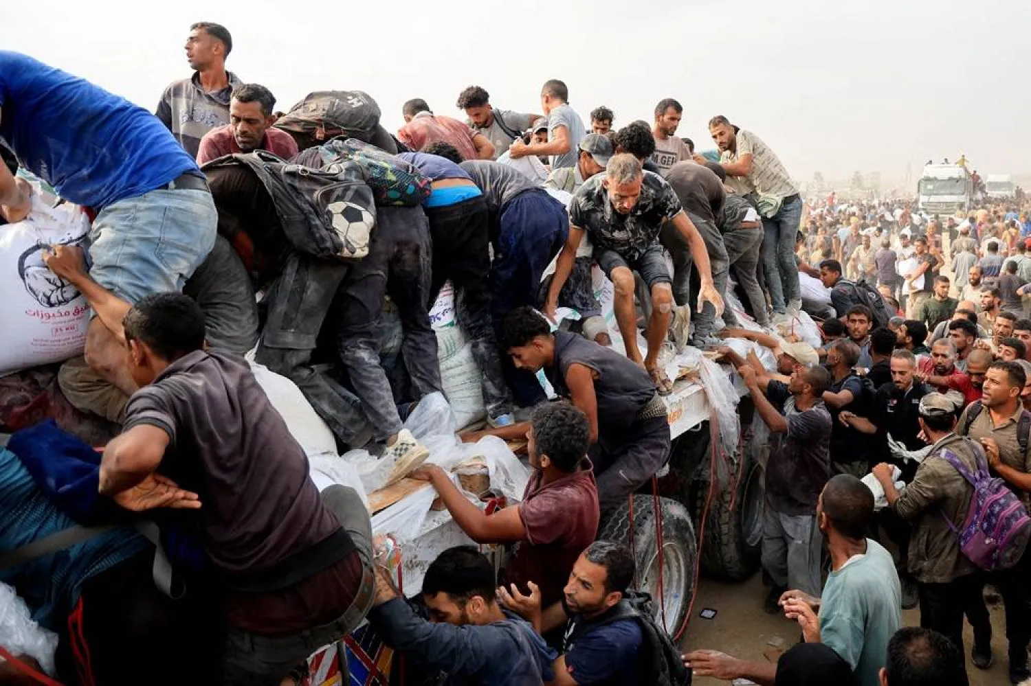  Palestinians scramble to collect aid supplies from trucks that entered through Israel, in Khan Younis, southern Gaza Strip, August 12, 2025. (Reuters)