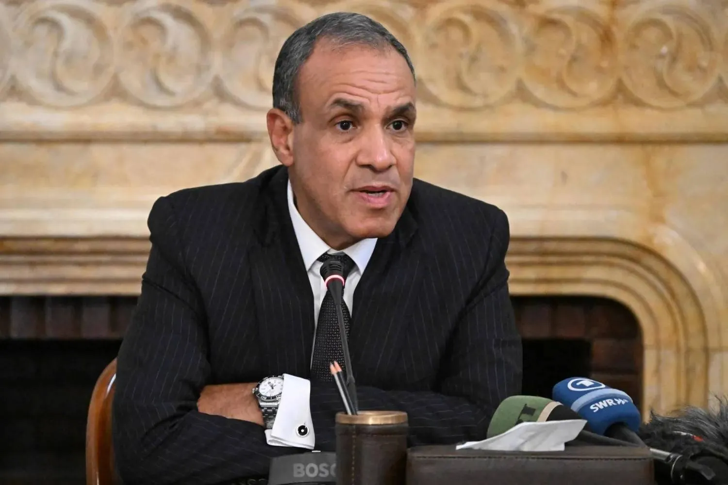 Egyptian Foreign Minister Badr Abdelatty speaks during a press conference about the situation in the Gaza Strip, in Cairo on August 12, 2025, as the war between Israel and Hamas continues in the coastal Palestinian territory. (Photo by Khaled DESOUKI / AFP)