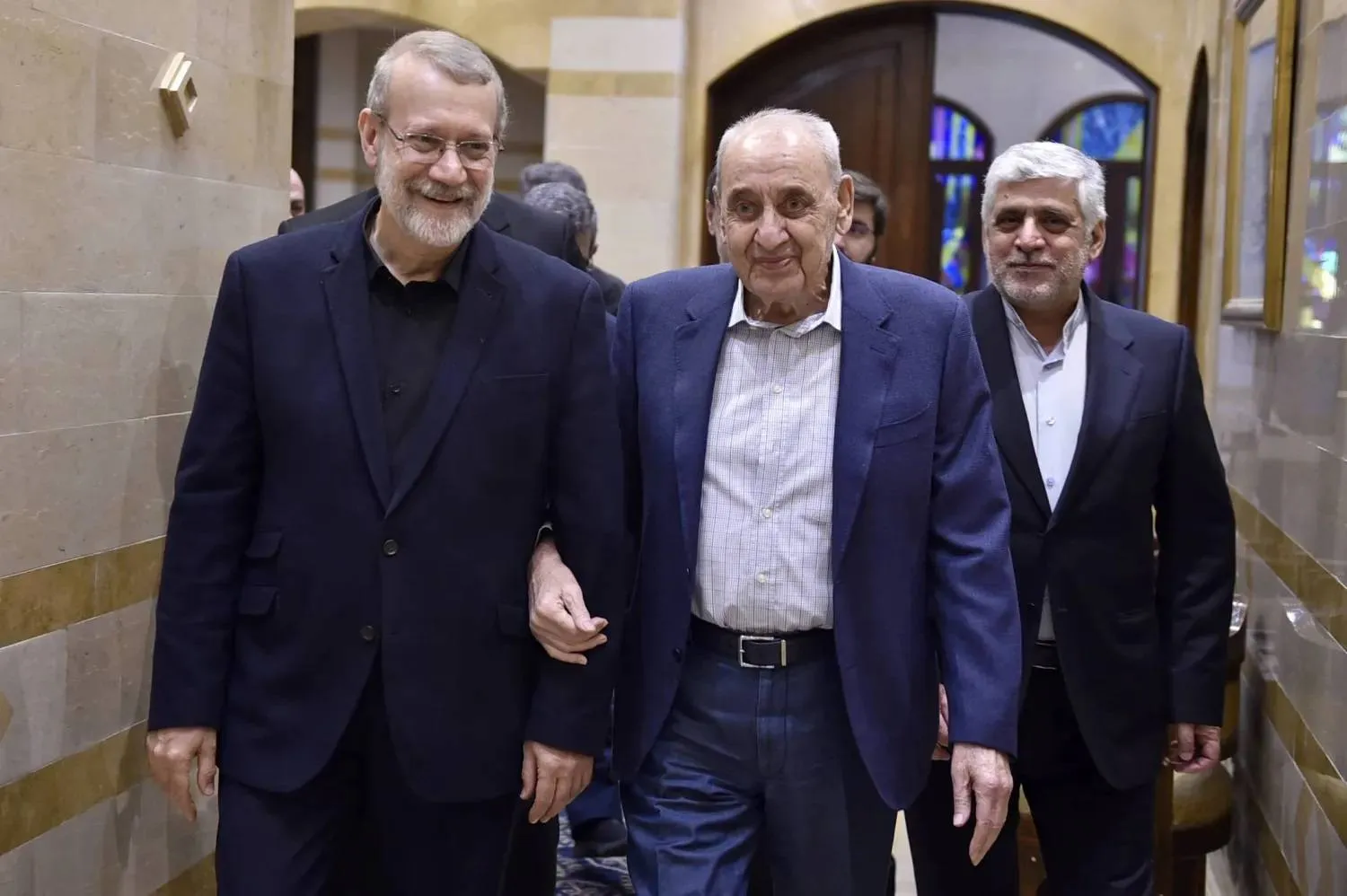 Lebanese parliament Speaker Nabih Berri (R) and Secretary of Iran’s Supreme National Security Council Ali Larijani in Beirut in November. (AP) 