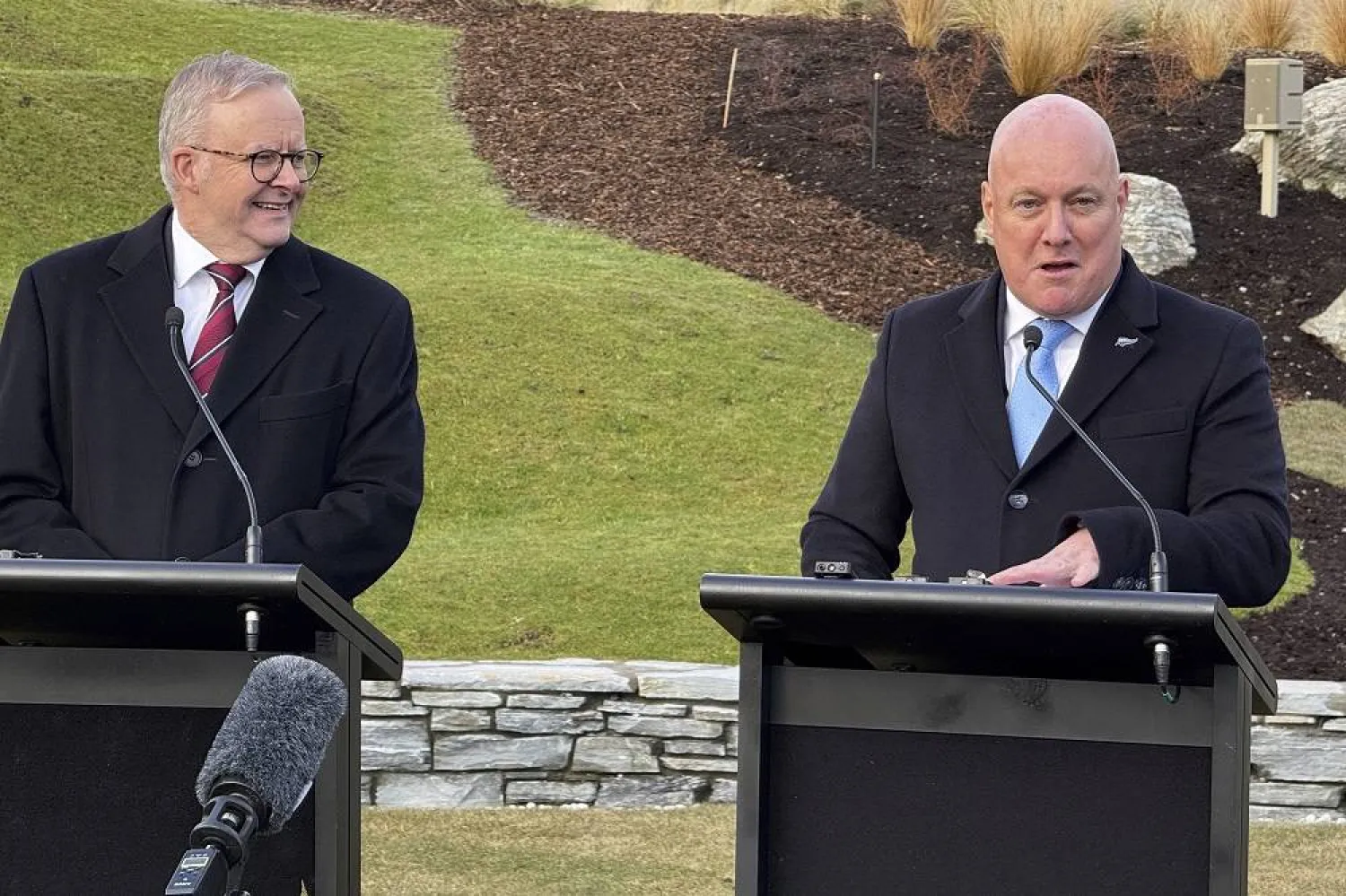 New Zealand Prime Minister Christopher Luxon, right, and Australian Prime Minister Anthony Albanese hold a joint press conference in Queenstown, New Zealand, Saturday, Aug.9, 2025. (Stuff via AP)