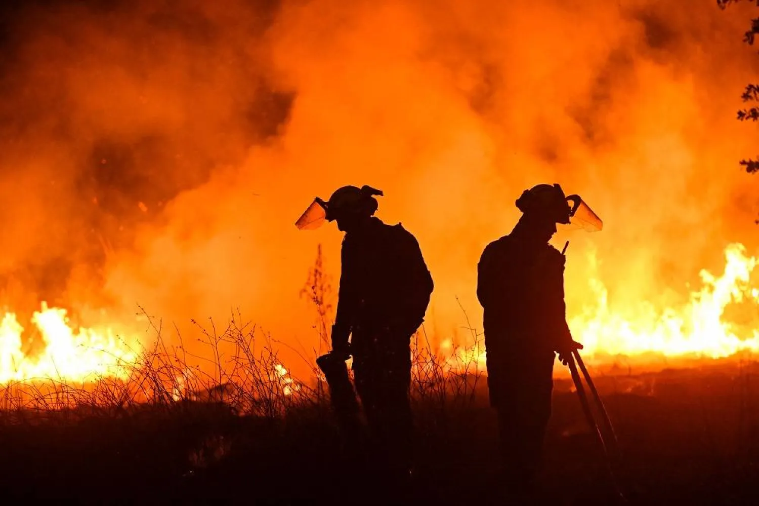 Firefighters work to extinguish a wildfire in the village of Vilaza, near Verin, Ourense province, northwestern Spain, on August 12, 2025. (AFP)