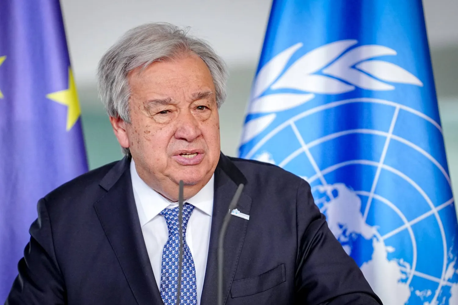 14 May 2025, Berlin: United Nations Secretary-General Antonio Guterres gives a press conference at the German Federal Chancellery. (dpa)
