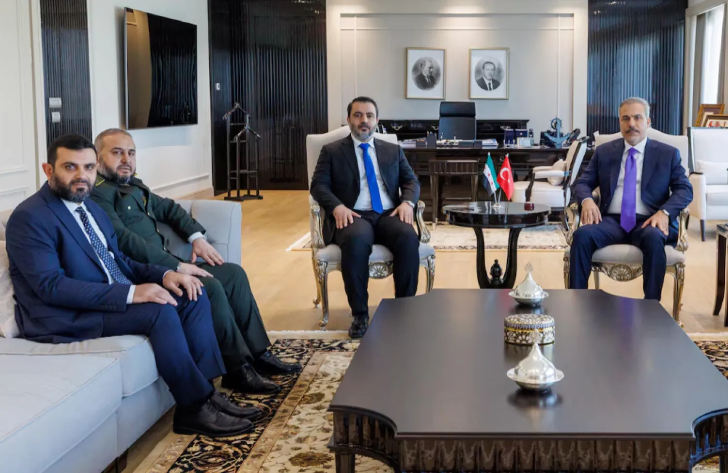 Syrian Foreign Minister Asaad Hassan al-Shibani, accompanied by General Intelligence Service Director Hussein Al-Salama and Defence Minister Murhaf Abu Qasra, meets with his Turkish counterpart Hakan Fidan in Ankara, Turkey, August 13, 2025. Turkish Foreign Ministry/Handout via REUTERS