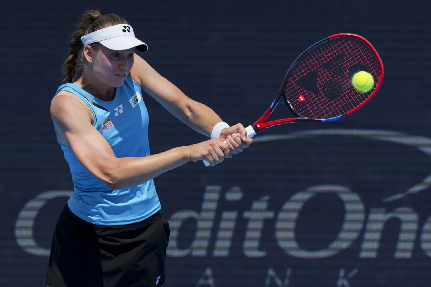 Aug 15, 2025; Cincinnati, OH, USA;  Elena Rybakina (KAZ) returns a shot against Aryna Sabalenka (BLR) during the Cincinnati Open at the Lindner Family Tennis Center. Mandatory Credit: Aaron Doster-Imagn Images