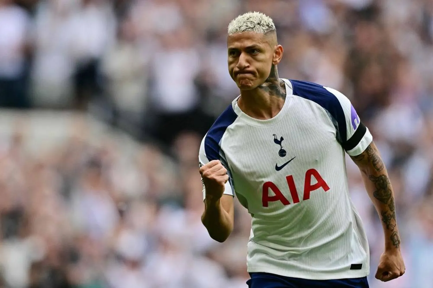 Tottenham Hotspur's Brazilian forward #09 Richarlison celebrates scoring the opening goal during the English Premier League football match between Tottenham Hotspur and Burnley at the Tottenham Hotspur Stadium in London, on August 16, 2025. (AFP) 