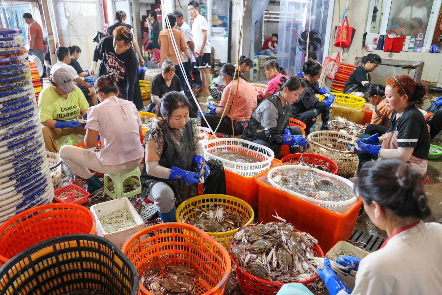 صينيون في مزاد بسوق للمأكولات البحرية في مدينة زوشان شرق البلاد (أ.ف.ب)