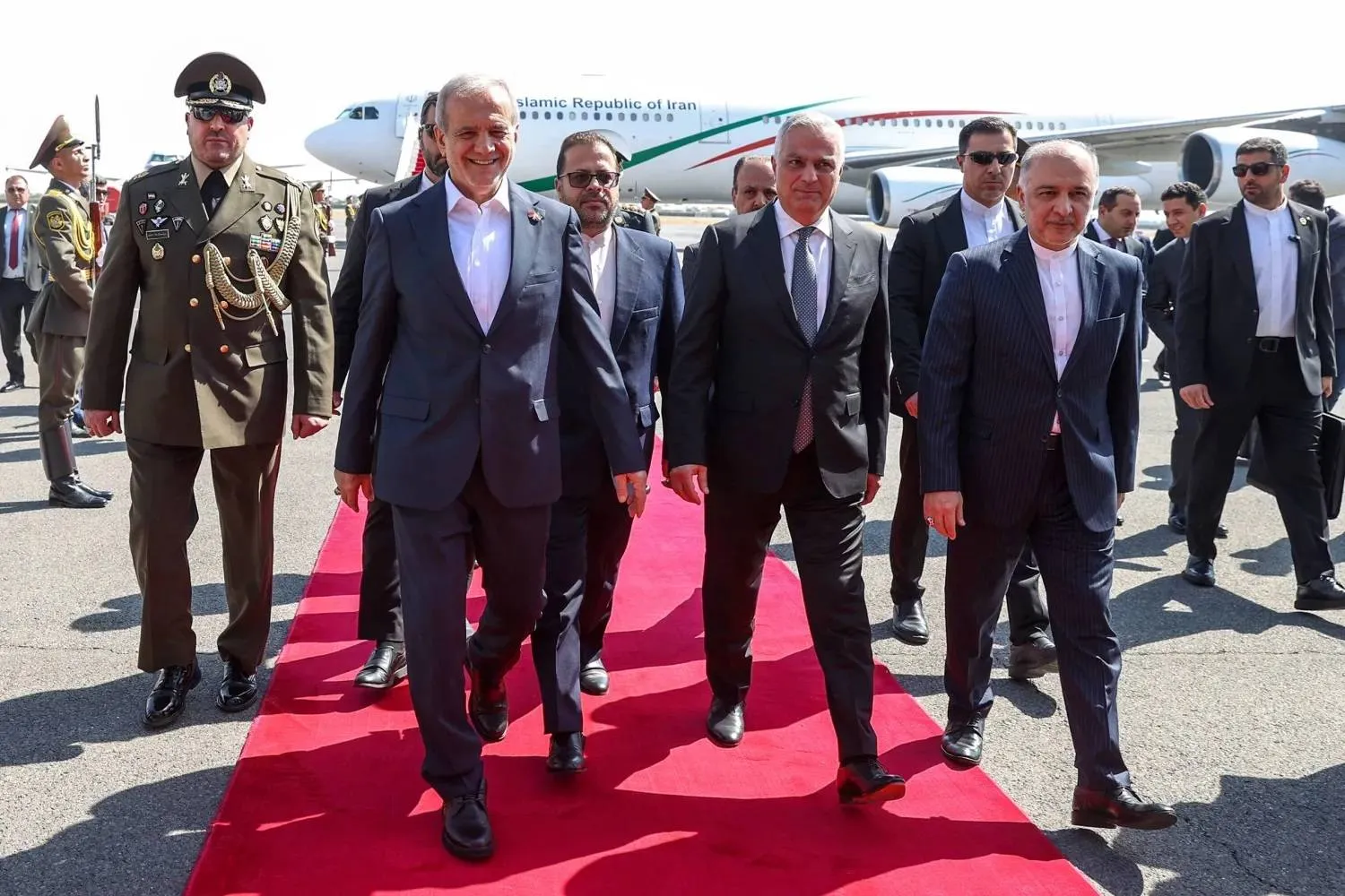 Iranian President Masoud Pezeshkian arrives in Yerevan. (Iranian Presidency) 