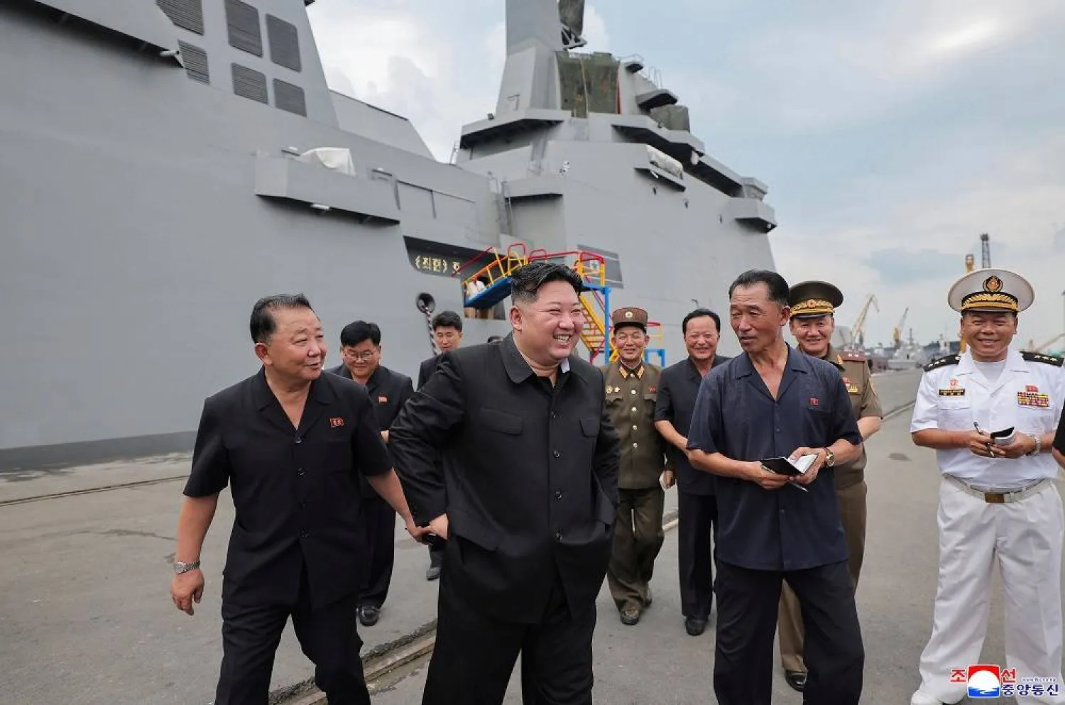 In this photo provided by the North Korean government, North Korean leader Kim Jong Un inspects the warship Choe Hyon in Nampo, North Korea, on Aug. 18, 2025. (Korean Central News Agency/Korea News Service via AP) 