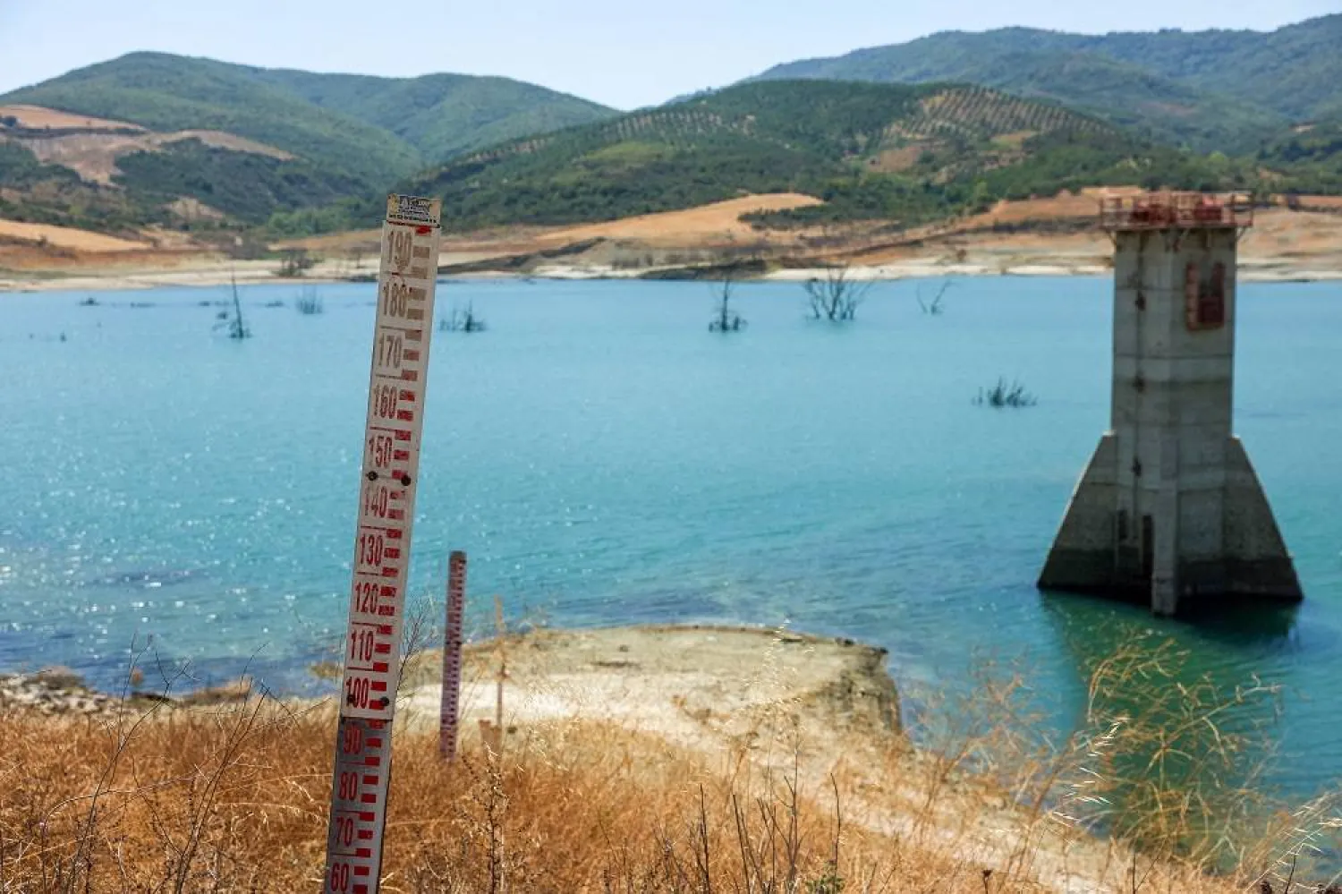 Gauges to measure water levels stand on dry terrain near the low waters of Naip Dam, as drought conditions continue to affect water levels, in Suleymanpasa, in the northwestern Tekirdag province, Türkiye, August 11, 2025. (Reuters) 