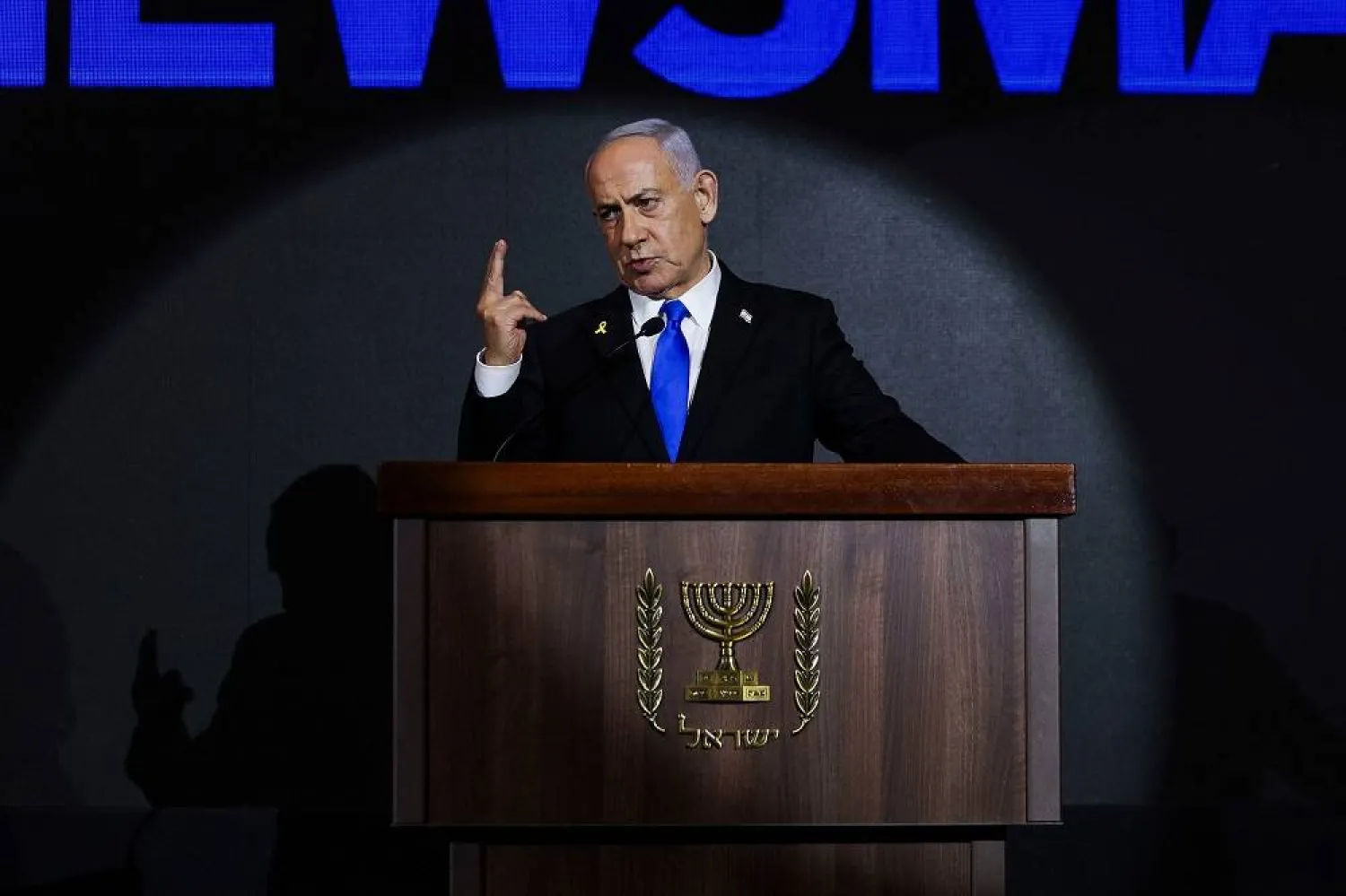 Israeli Prime Minister Benjamin Netanyahu delivers a statement during the US Independence Day reception, known as the annual "Fourth of July" celebration, hosted by Newsmax in Jerusalem on August 13, 2025. (AFP)