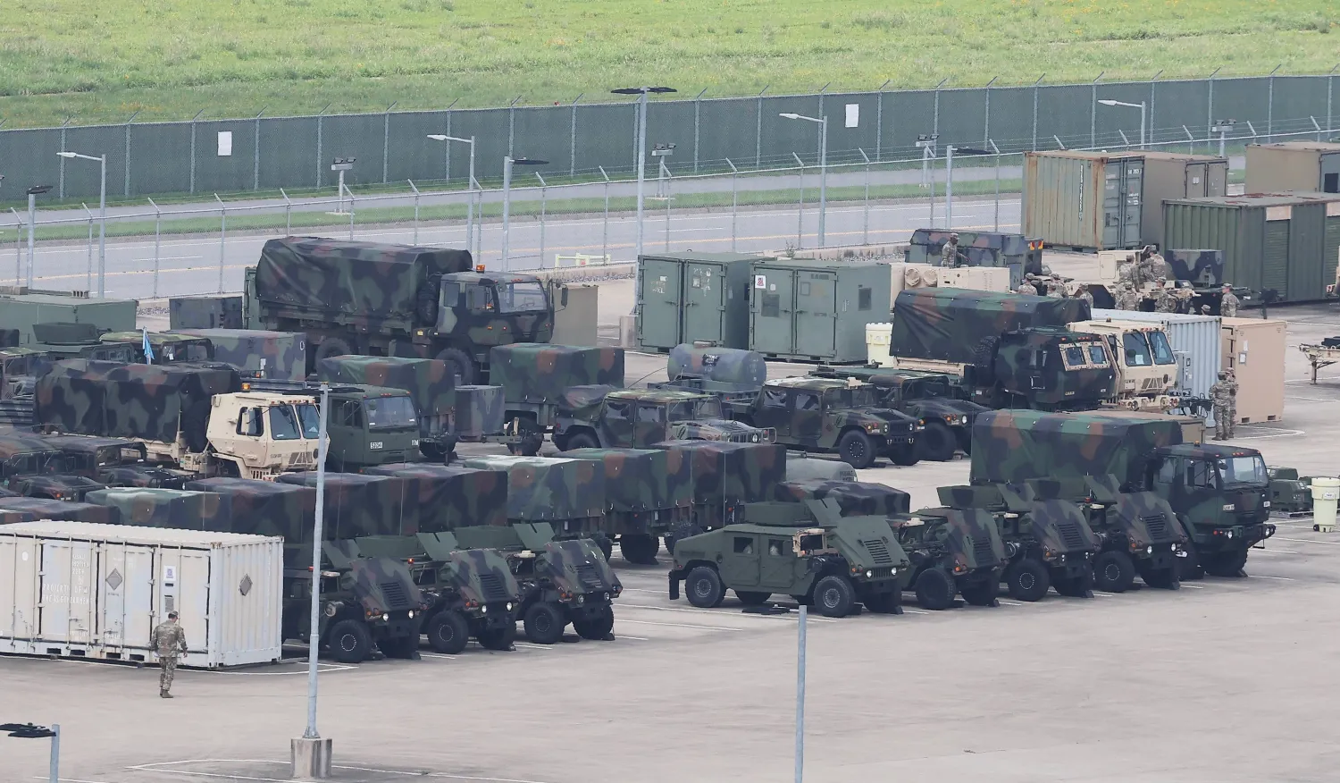 Military vehicles are parked at US Camp Humphreys in Pyeongtaek, south of Seoul, on Aug. 18, 2025, as South Korea and the United States began a major joint exercise, the annual Ulchi Freedom Shield exercise, to strengthen their combined readiness posture. (YNA/dpa)