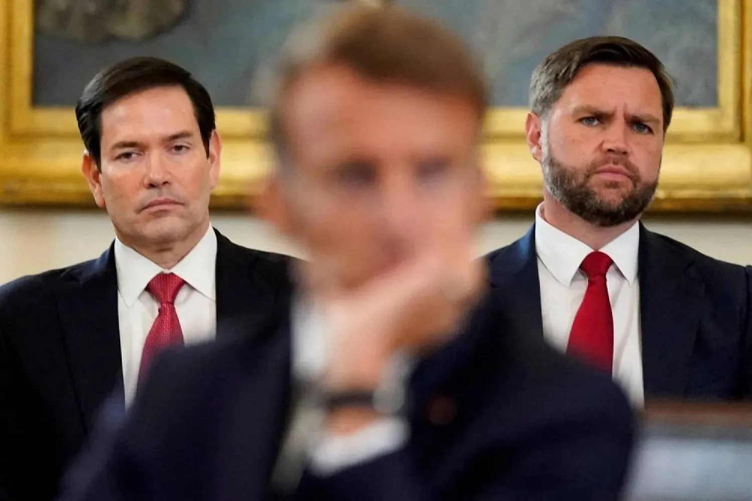 French President Emmanuel Macron meets US President Donald Trump at the White House in Washington, with Vice President JD Vance and Secretary of State Marco Rubio in the background. (Reuters) 