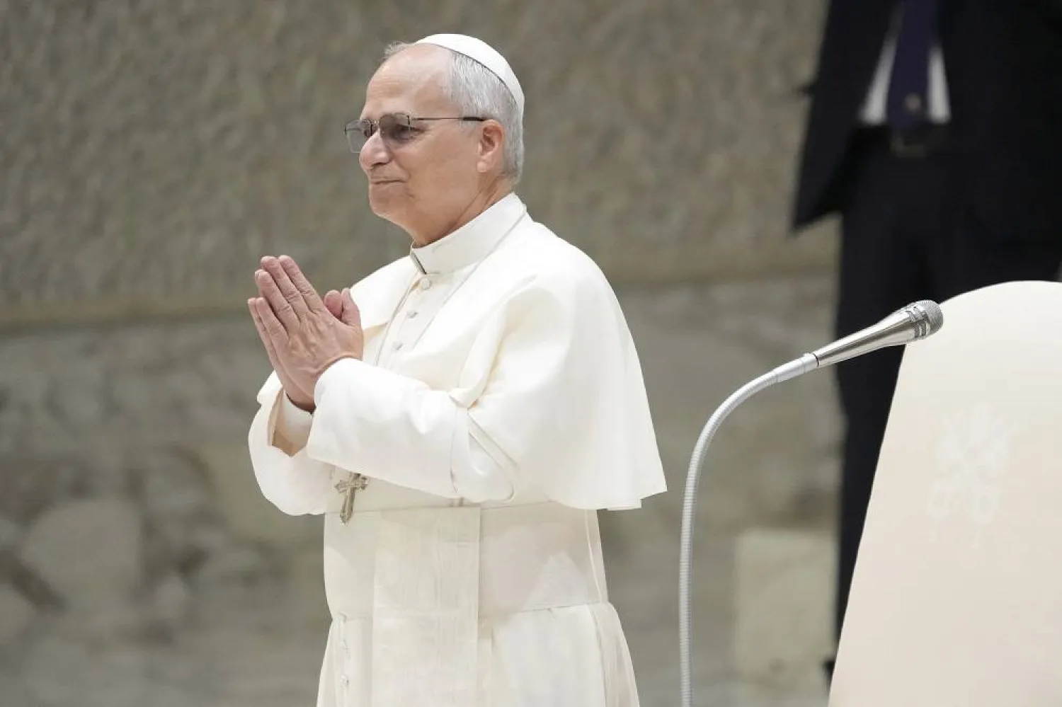 Pope Leo XIV waves as he arrives for his weekly general audience, at The Vatican, Wednesday, Aug.20, 2025. (AP)