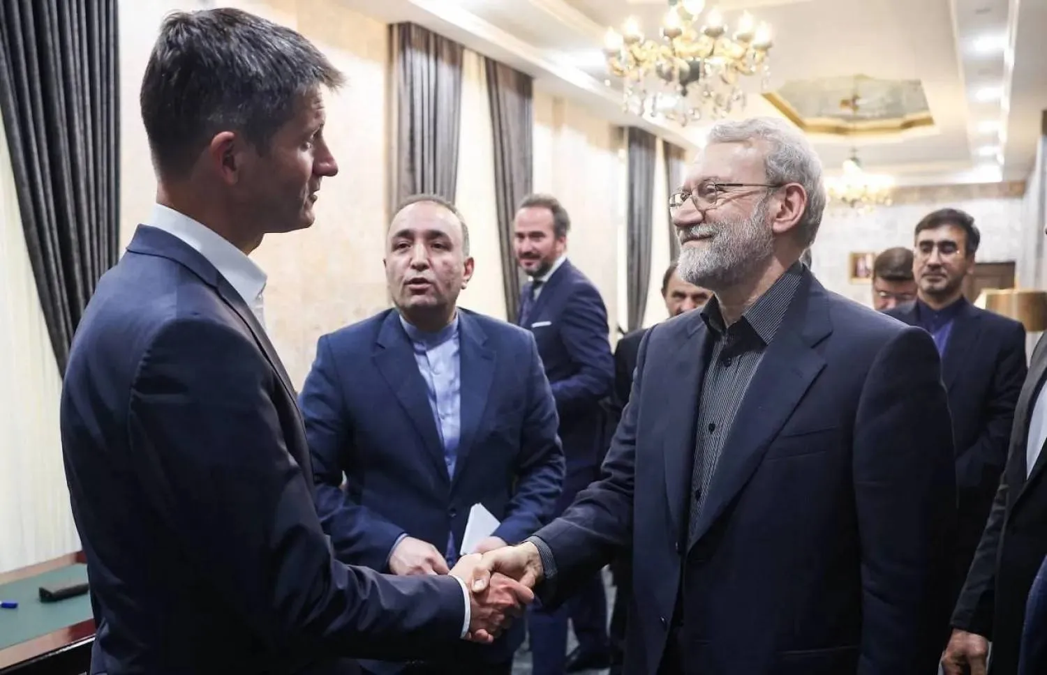 Iran’s top security official Ali Larijani meeting with Swiss Deputy Foreign Minister Gabriel Luchsinger in Tehran on Wednesday (Jamaran)