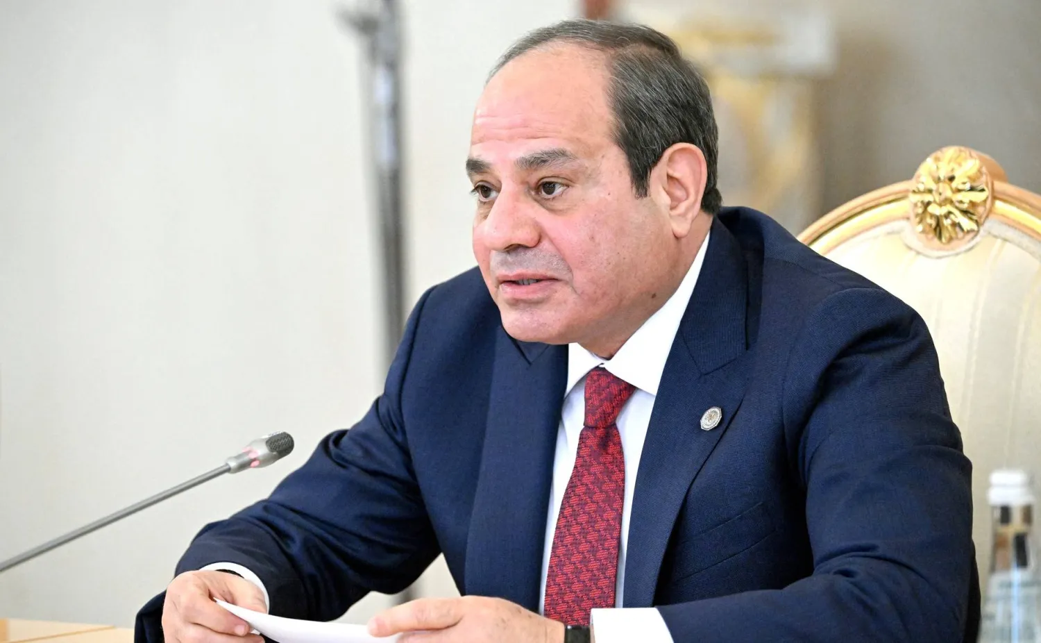 FILED - 09 May 2025, Russia, Moscow: Egypt's President Abdel Fattah al-Sisi speaks with Russian President Vladimir Putin (not pictured) during their meeting at the Kremlin. Photo: Kremlin/dpa 